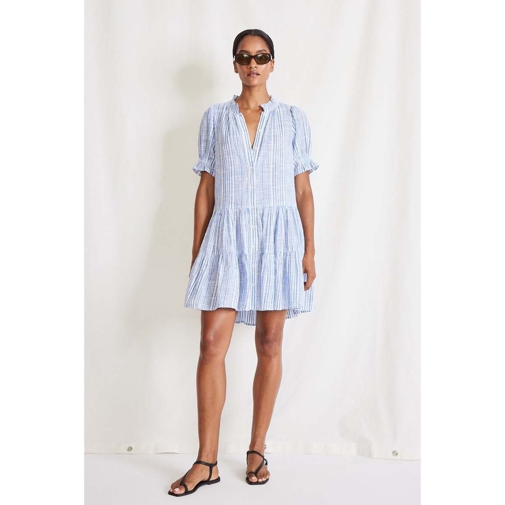 APIECE APART Las Alturas cotton tiered mini dress Size L Seaside stripe